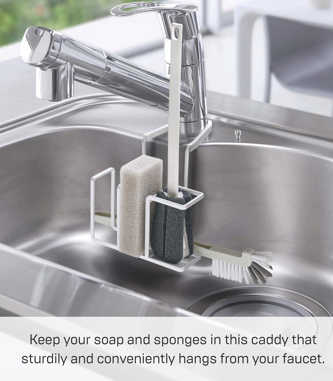 image:imageYamazaki Home Tower Sink Faucet Hanging Dish Sponge Brush Or Soap Bottle Holder SelfDraining Kitchen Storage Organization SteelWhite