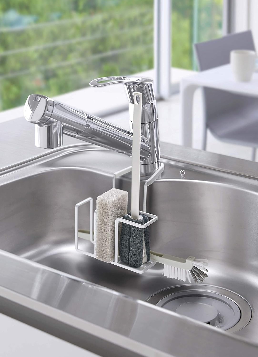 image:imageYamazaki Home Tower Sink Faucet Hanging Dish Sponge Brush Or Soap Bottle Holder SelfDraining Kitchen Storage Organization SteelWhite