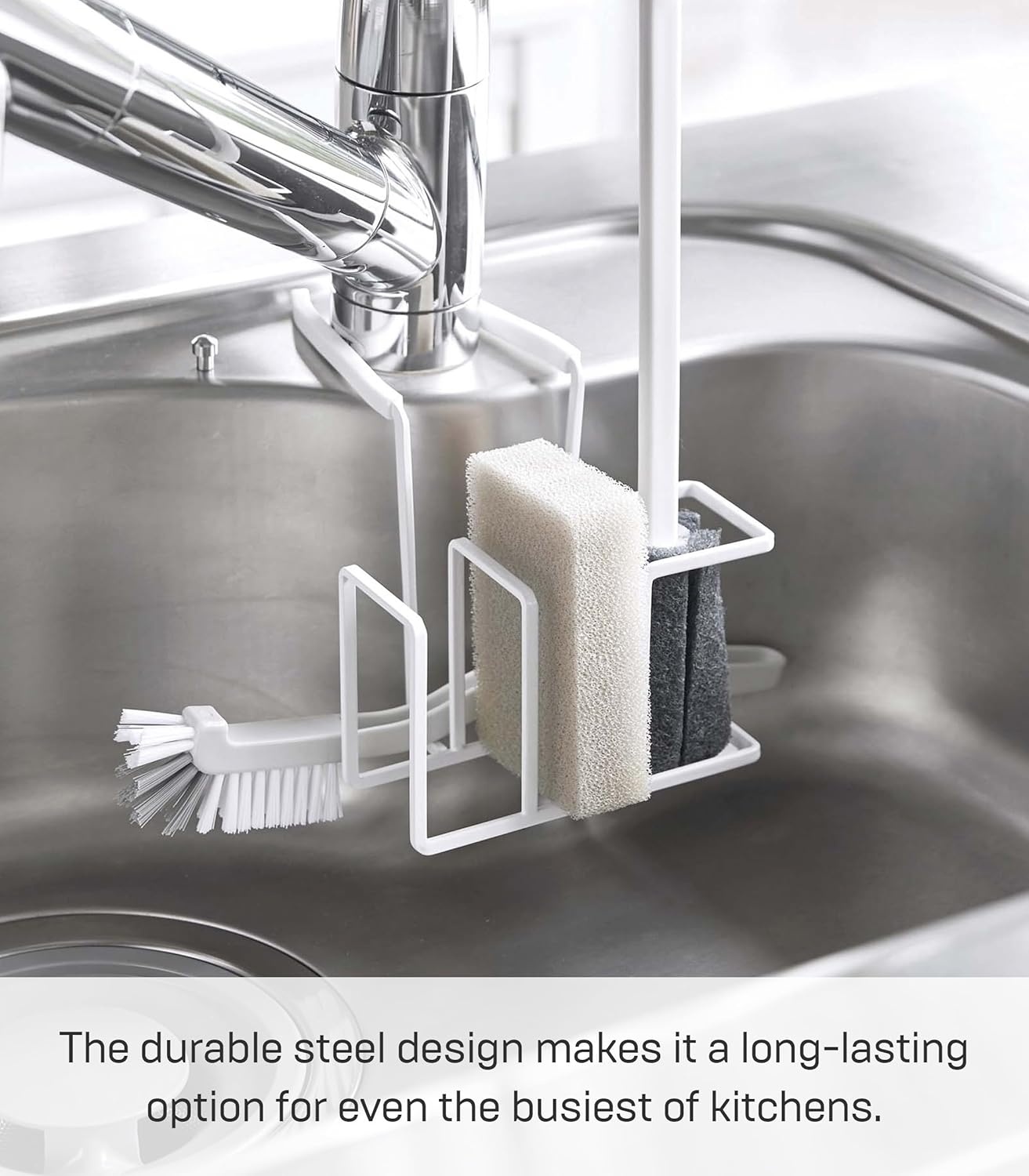 image:imageYamazaki Home Tower Sink Faucet Hanging Dish Sponge Brush Or Soap Bottle Holder SelfDraining Kitchen Storage Organization SteelWhite