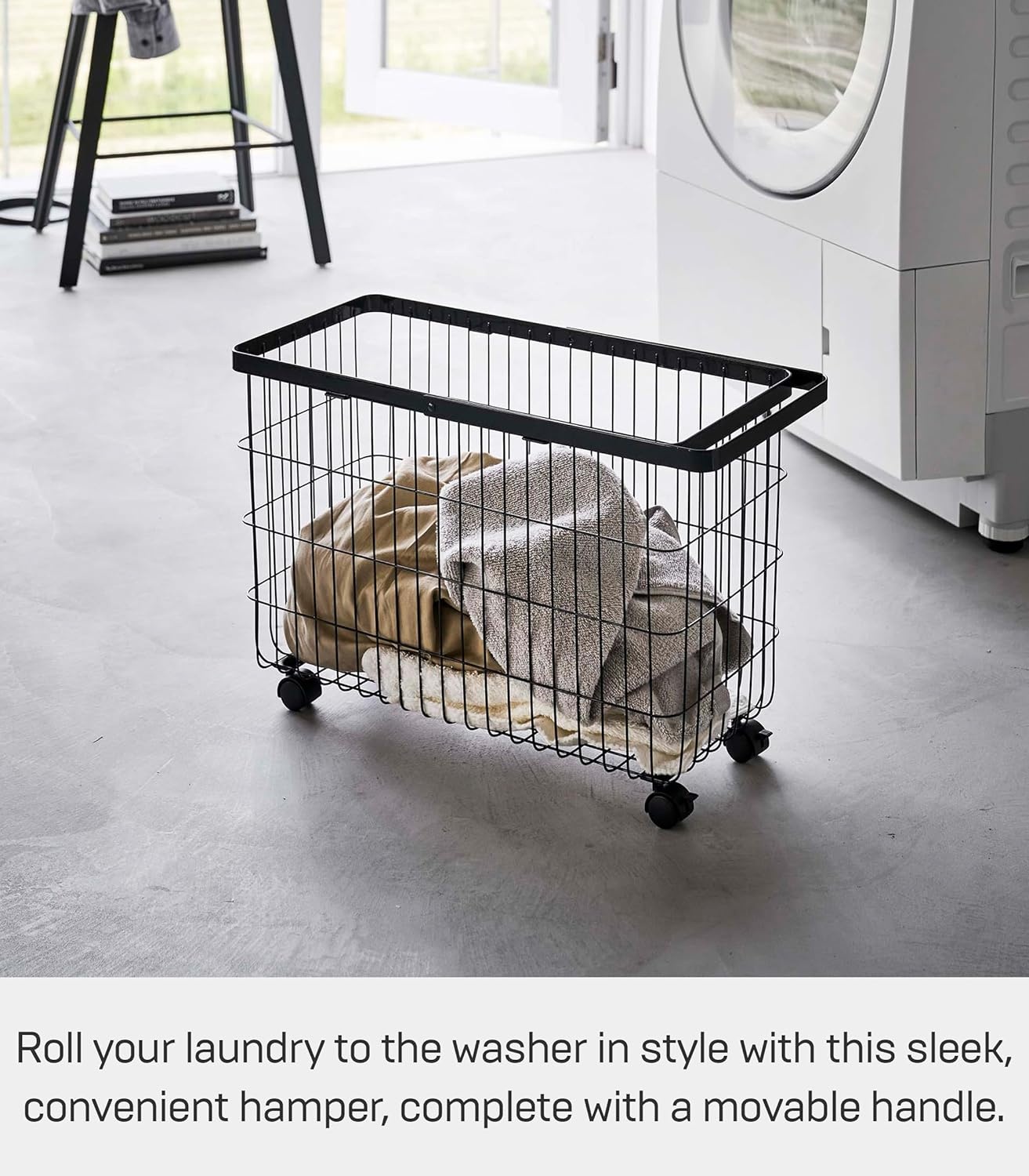 image:imageYamazaki Home Tower Small Rolling Laundry Basket Metal Hamper Cart With Wheels And Handle 148 Steel 98 Gallons 35 LitersBlack