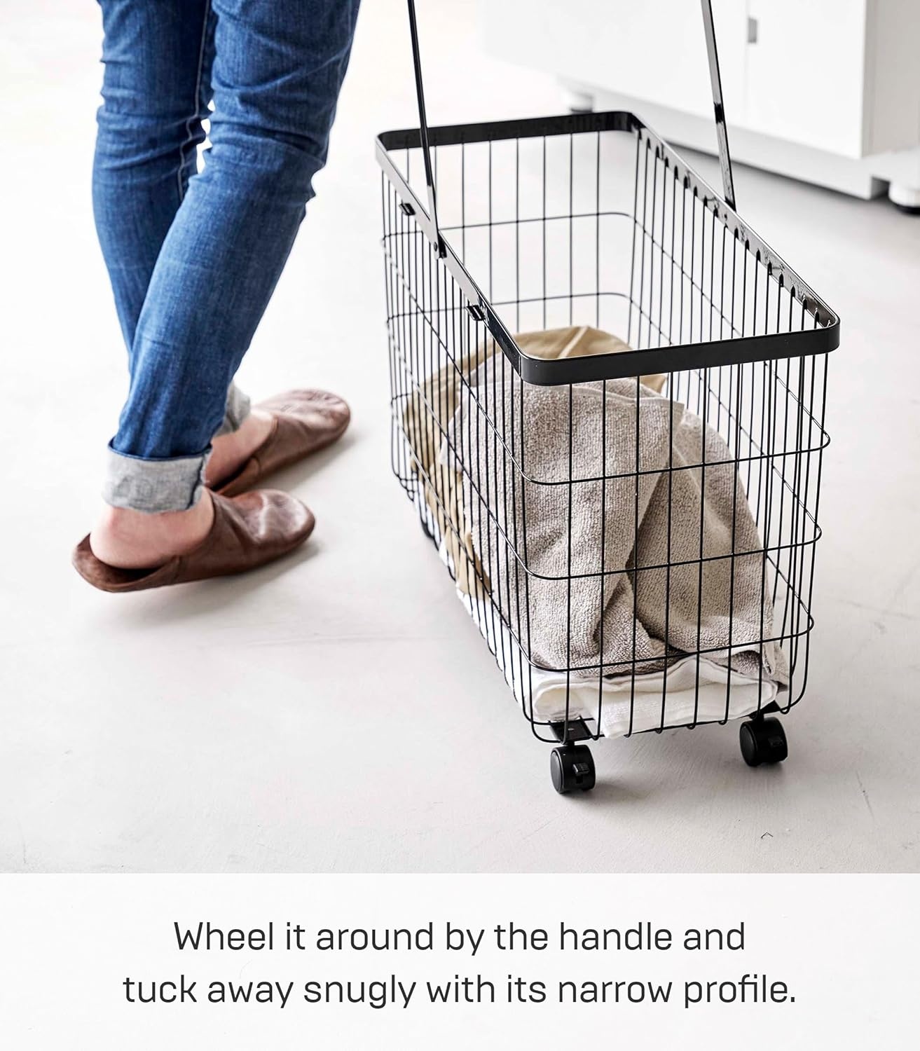 image:imageYamazaki Home Tower Small Rolling Laundry Basket Metal Hamper Cart With Wheels And Handle 148 Steel 98 Gallons 35 LitersBlack