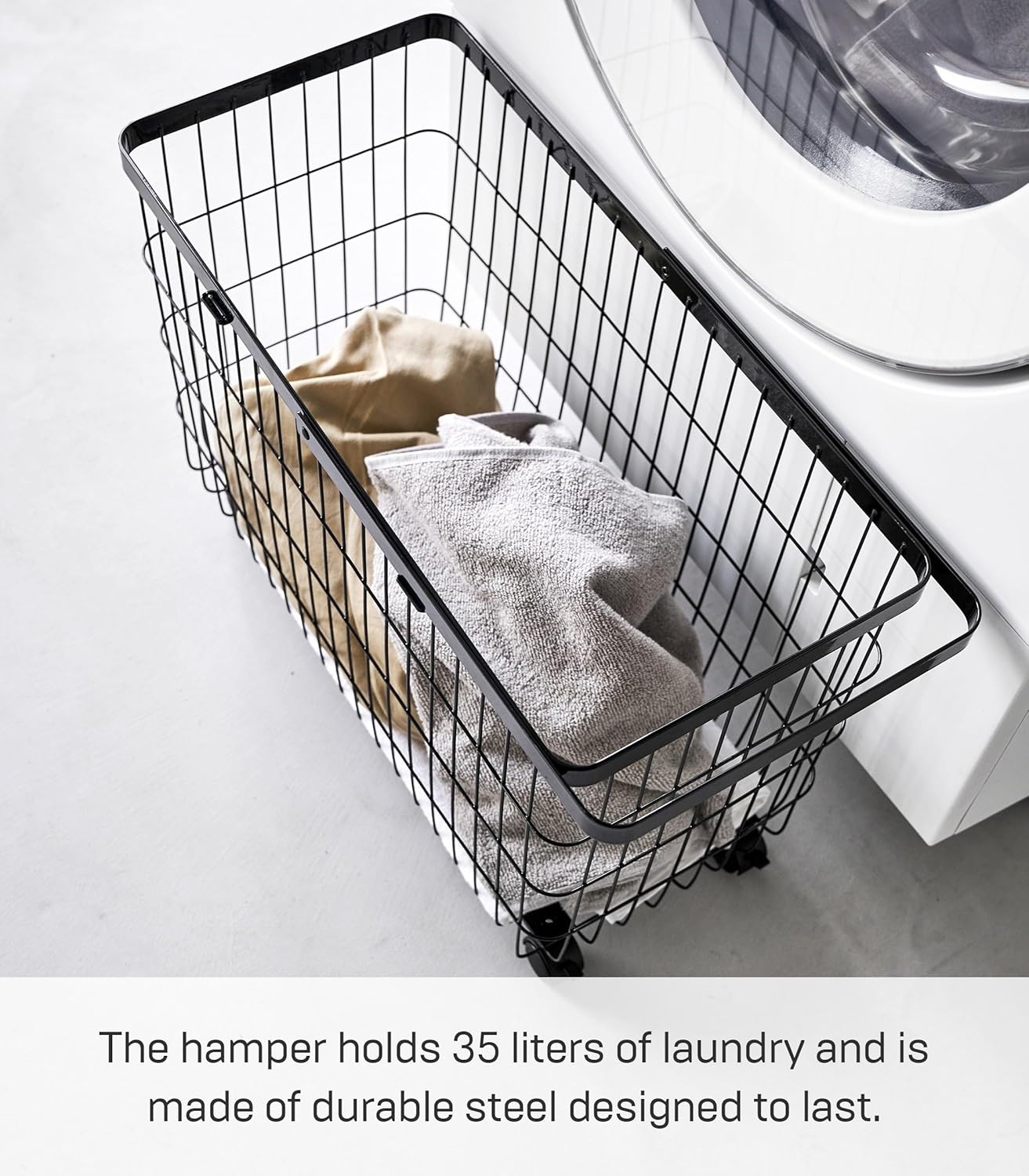 image:imageYamazaki Home Tower Small Rolling Laundry Basket Metal Hamper Cart With Wheels And Handle 148 Steel 98 Gallons 35 LitersBlack
