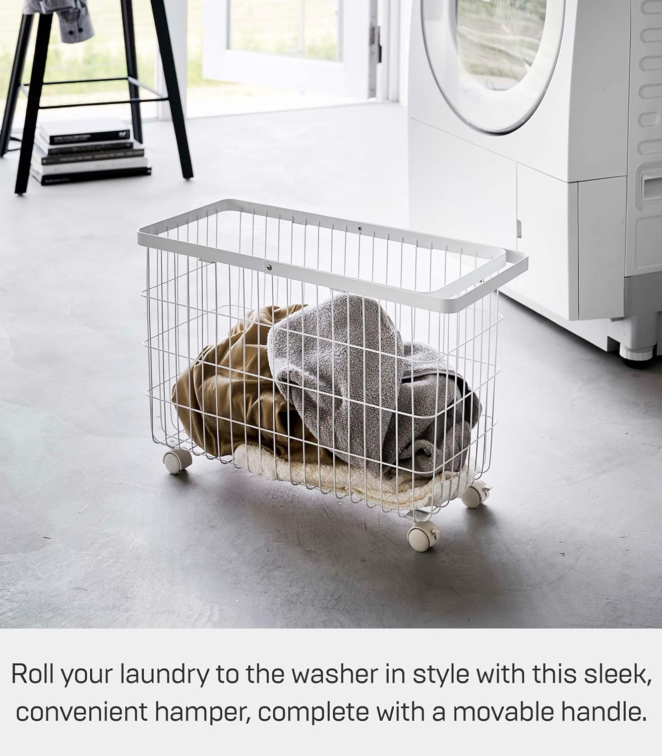 image:imageYamazaki Home Tower Small Rolling Laundry Basket Metal Hamper Cart With Wheels And Handle 148 Steel 98 Gallons 35 LitersWhite