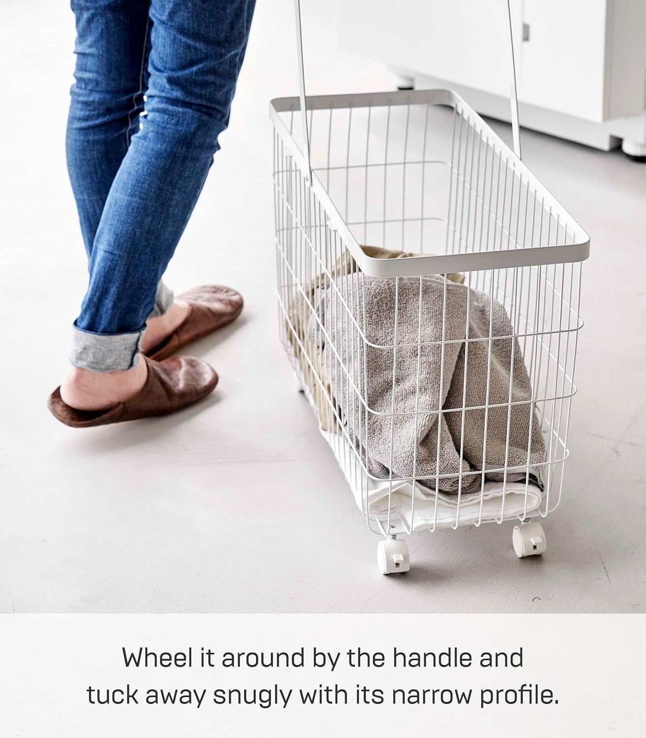 image:imageYamazaki Home Tower Small Rolling Laundry Basket Metal Hamper Cart With Wheels And Handle 148 Steel 98 Gallons 35 LitersWhite
