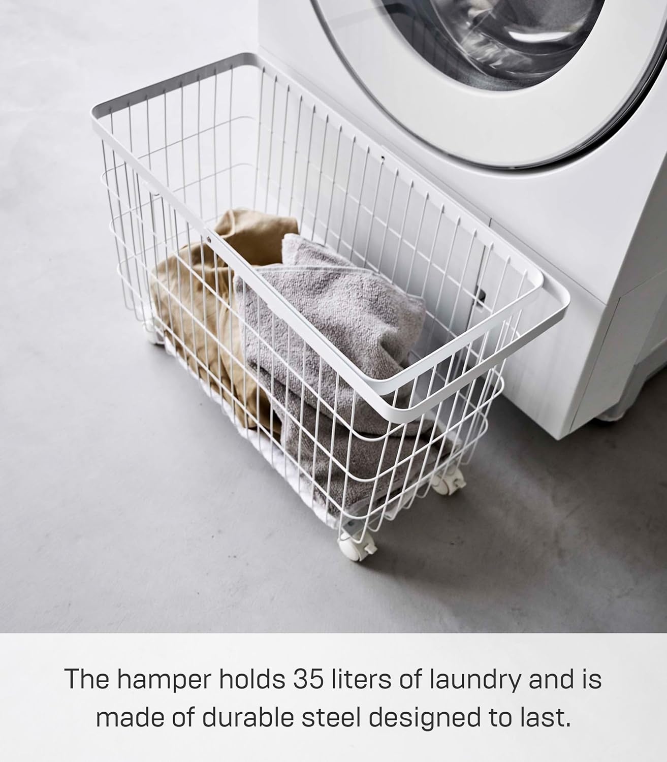 image:imageYamazaki Home Tower Small Rolling Laundry Basket Metal Hamper Cart With Wheels And Handle 148 Steel 98 Gallons 35 LitersWhite