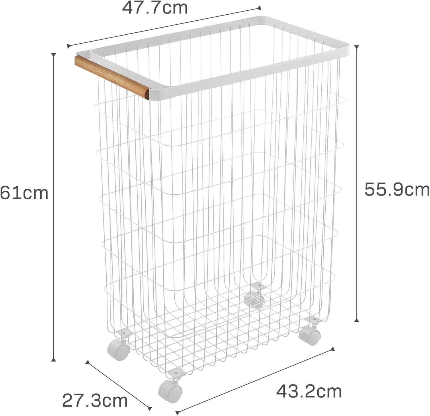 image:imageYamazaki Home Wire Slim Saving Rolling Wheeled Clothing Hamper Steel Wood Laundry Basket One Size Whitelaundry hamper