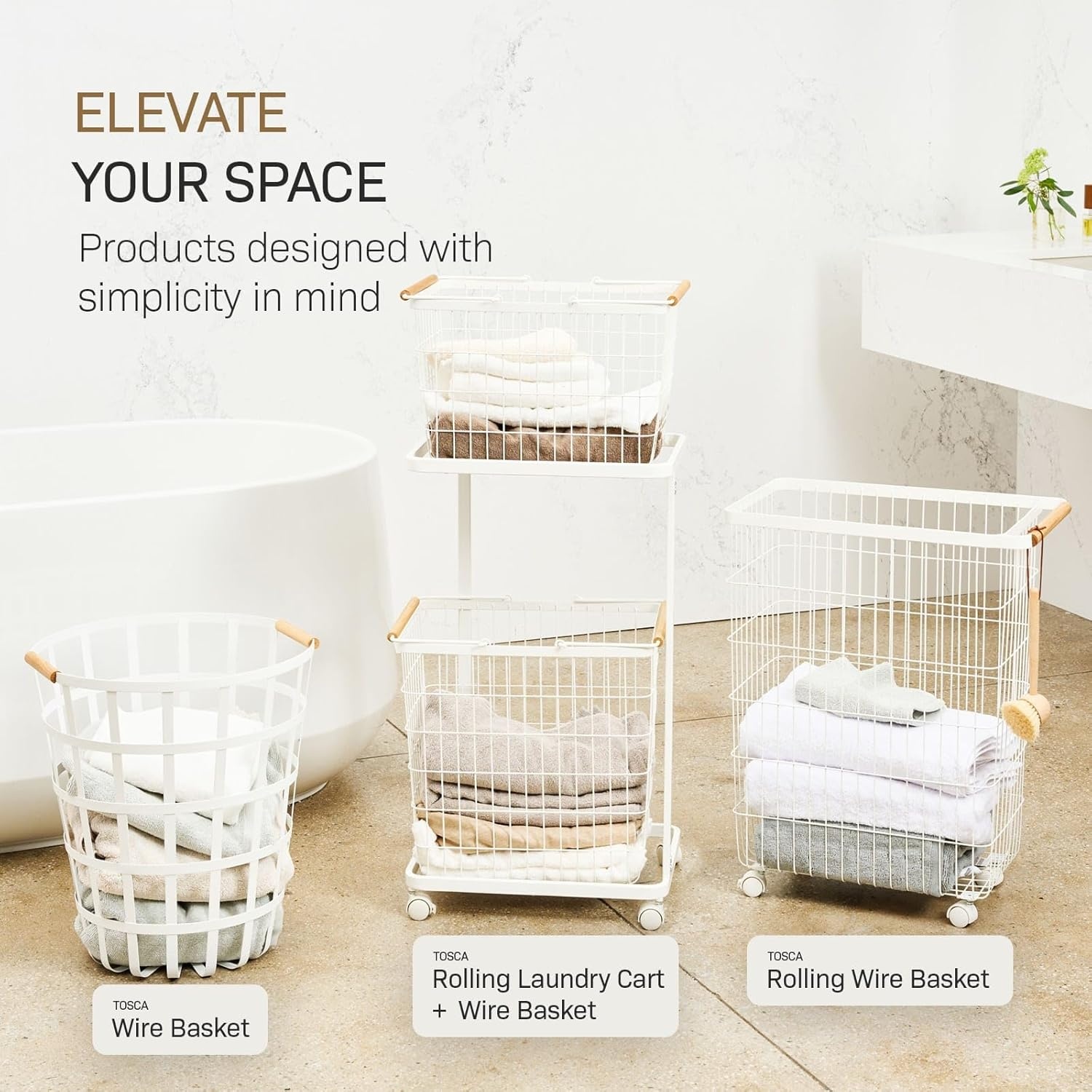 image:imageYamazaki Home Wire Slim Saving Rolling Wheeled Clothing Hamper Steel Wood Laundry Basket One Size Whitelaundry hamper
