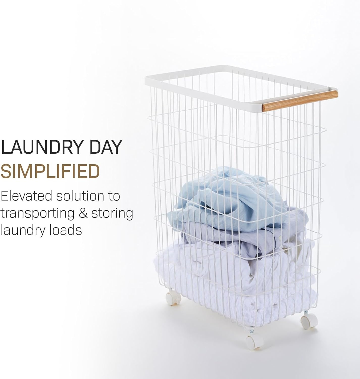 image:imageYamazaki Home Wire Slim Saving Rolling Wheeled Clothing Hamper Steel Wood Laundry Basket One Size Whitelaundry hamper