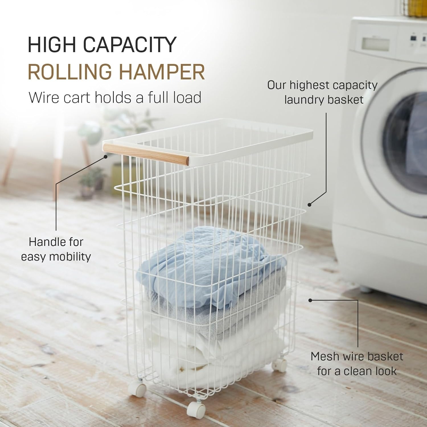 image:imageYamazaki Home Wire Slim Saving Rolling Wheeled Clothing Hamper Steel Wood Laundry Basket One Size Whitelaundry hamper