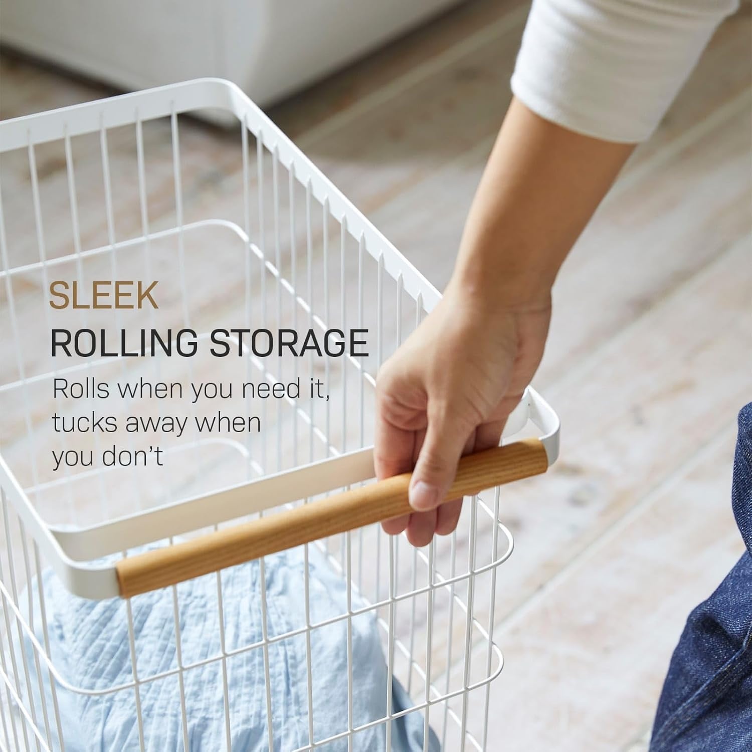 image:imageYamazaki Home Wire Slim Saving Rolling Wheeled Clothing Hamper Steel Wood Laundry Basket One Size Whitelaundry hamper