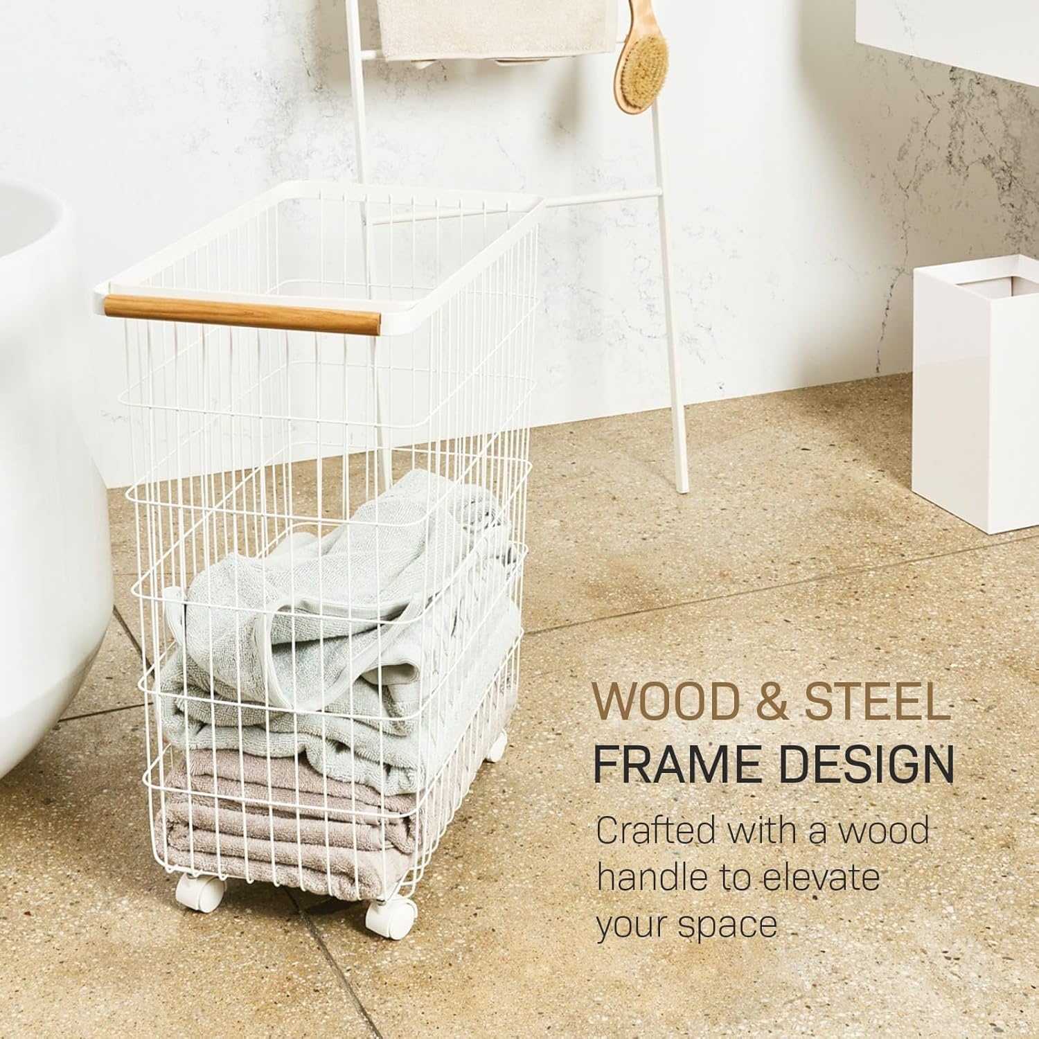 image:imageYamazaki Home Wire Slim Saving Rolling Wheeled Clothing Hamper Steel Wood Laundry Basket One Size Whitelaundry hamper
