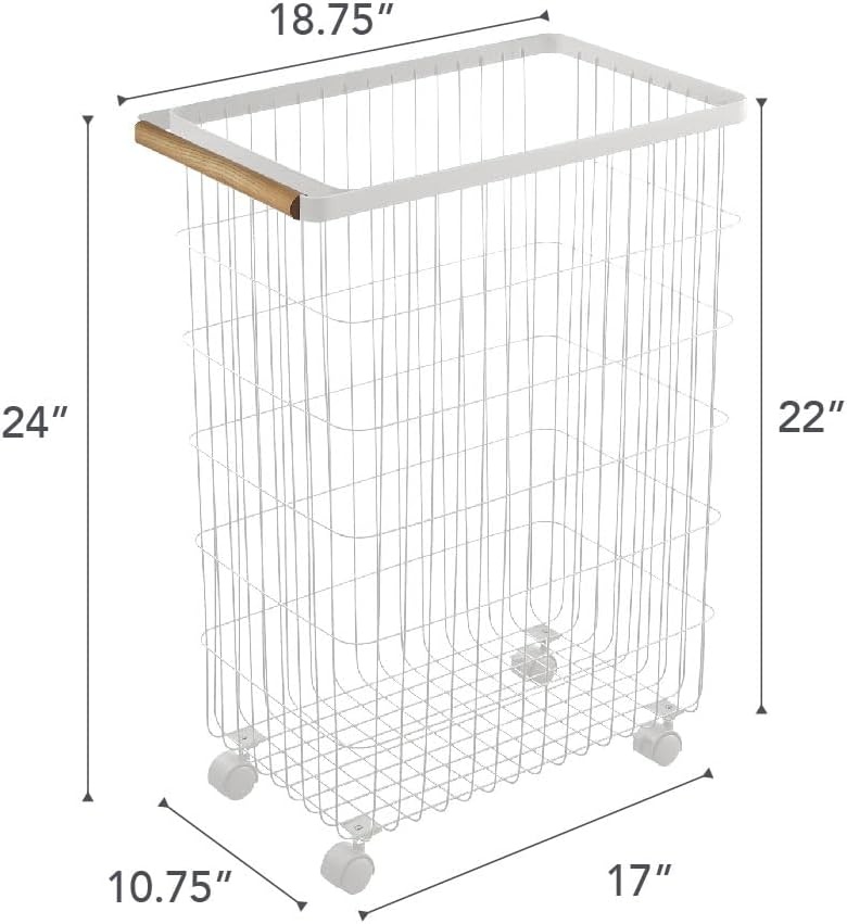 image:imageYamazaki Home Wire Slim Saving Rolling Wheeled Clothing Hamper Steel Wood Laundry Basket One Size Whitelaundry hamper