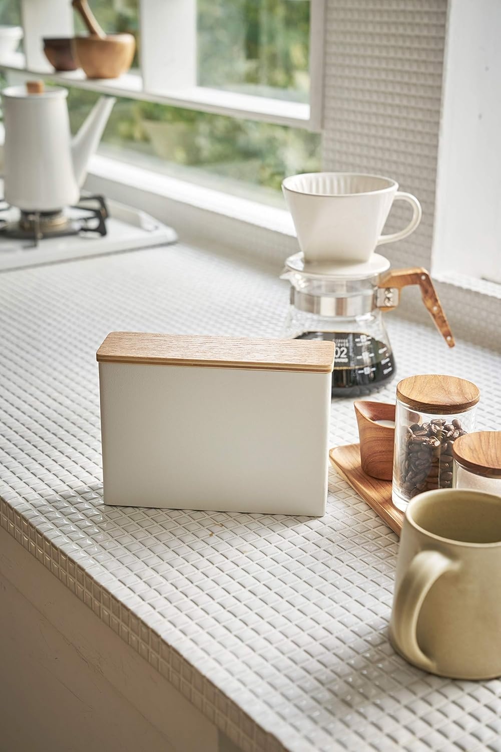 image:imageYamazaki Home Wood Accent Coffee Pourover Filter Case with Lid Storage Holder Stainless Steel Container Dispenser Steel Wood WhiteSize 1 2