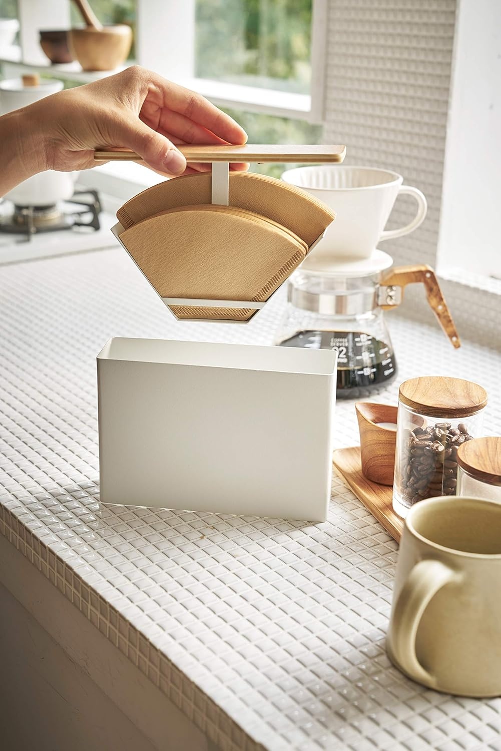image:imageYamazaki Home Wood Accent Coffee Pourover Filter Case with Lid Storage Holder Stainless Steel Container Dispenser Steel Wood WhiteSize 1 2