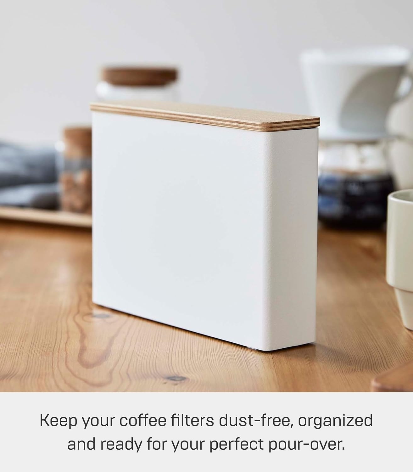image:imageYamazaki Home Wood Accent Coffee Pourover Filter Case with Lid Storage Holder Stainless Steel Container Dispenser Steel Wood WhiteSize 4