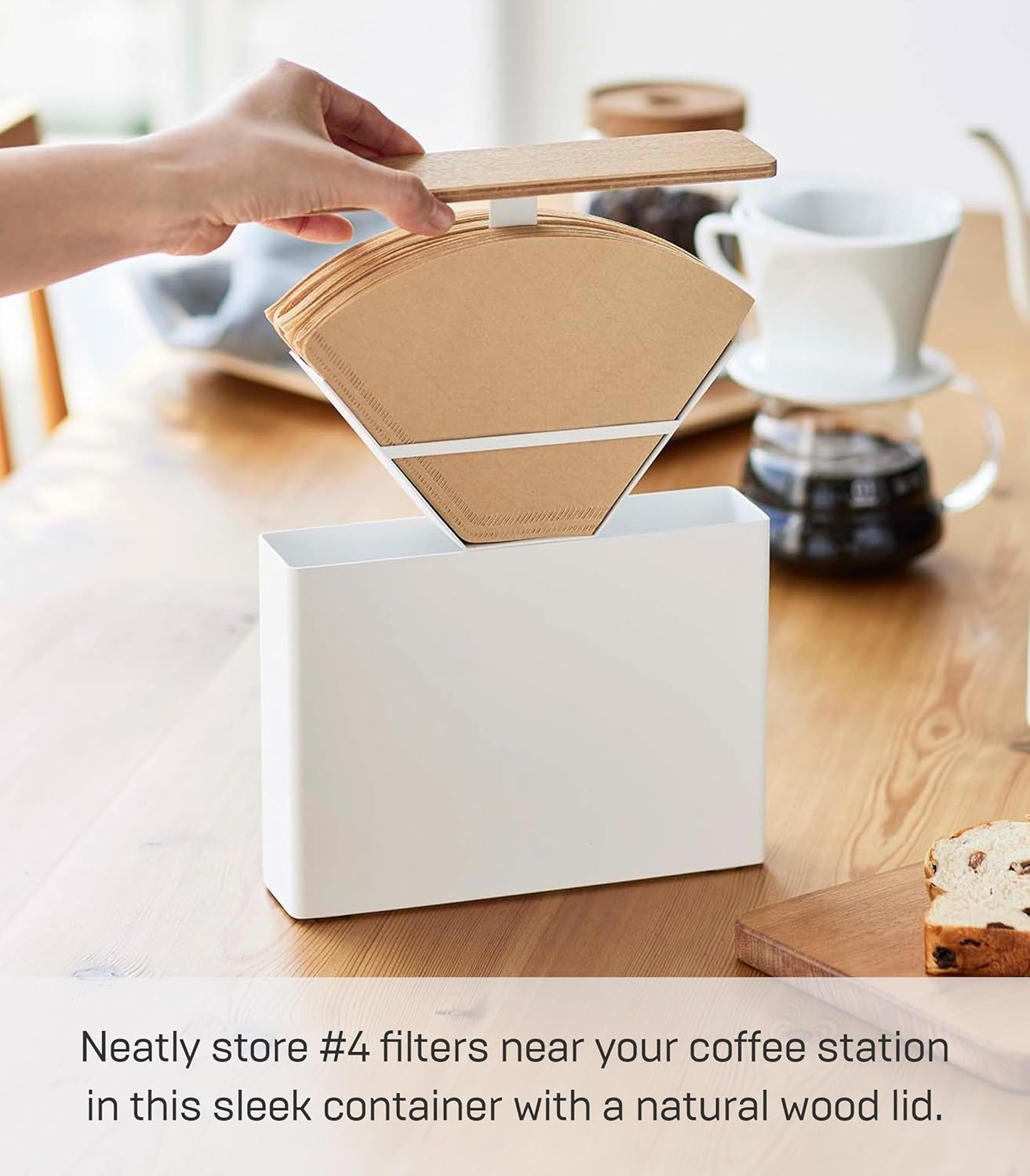 image:imageYamazaki Home Wood Accent Coffee Pourover Filter Case with Lid Storage Holder Stainless Steel Container Dispenser Steel Wood WhiteSize 4