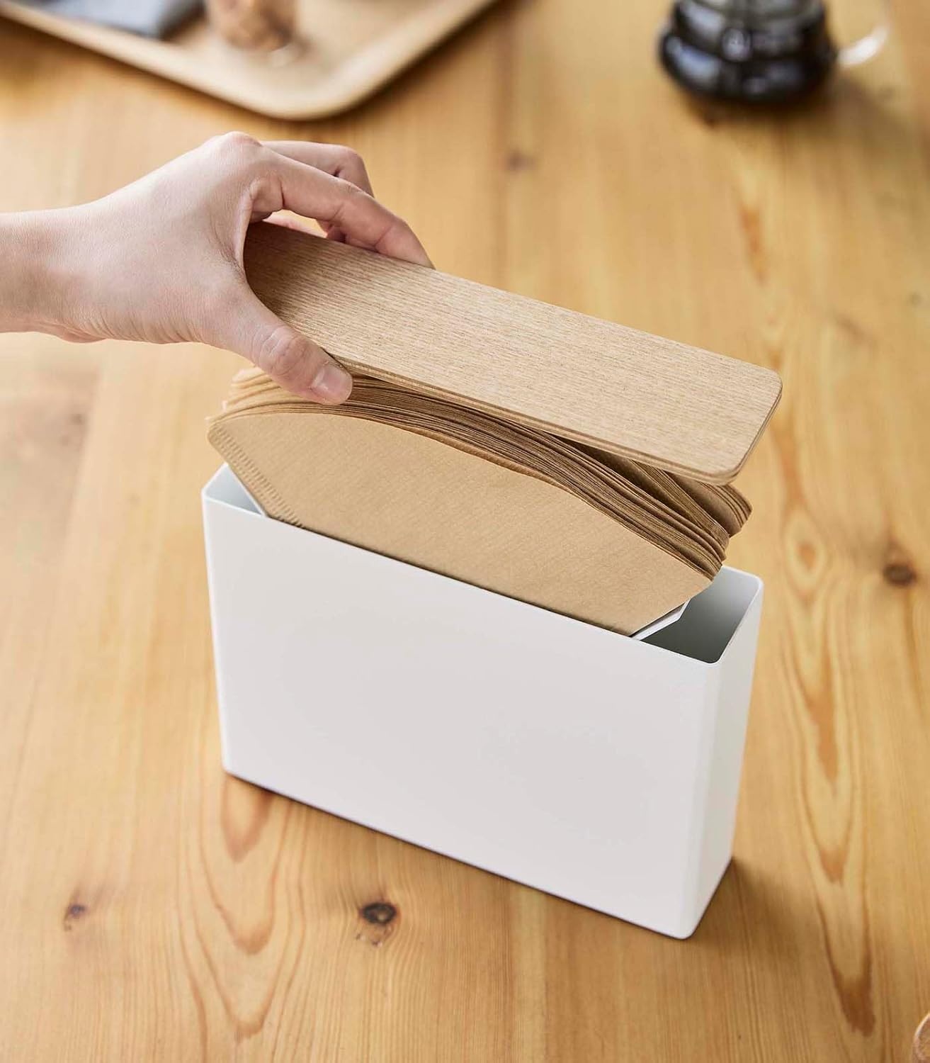 image:imageYamazaki Home Wood Accent Coffee Pourover Filter Case with Lid Storage Holder Stainless Steel Container Dispenser Steel Wood WhiteSize 4