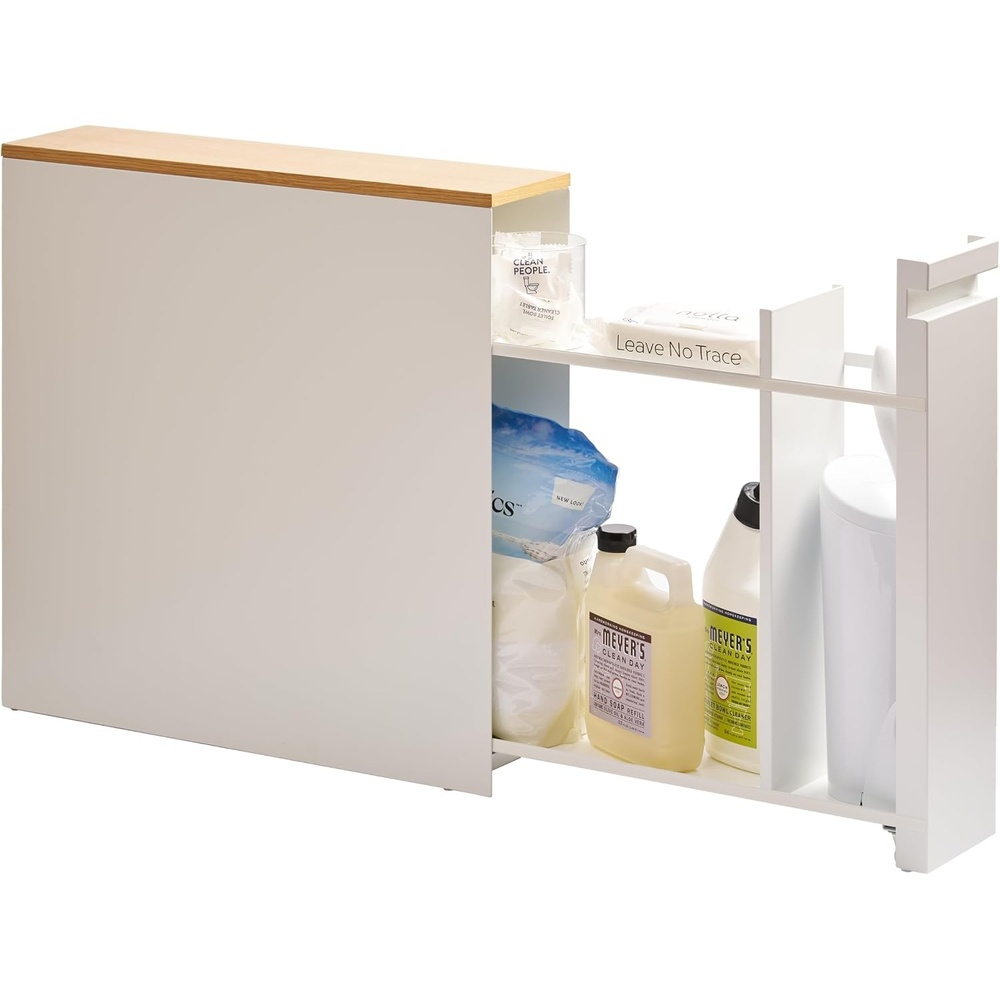 image:imageYAMAZAKI Home PullOut Bathroom Storage Cabinet  Slim Bathroom Storage Cabinet with Wood Top Steel Organizer for Toilet Paper and Cleaning Supplies Modern SpaceSaving Design White  Steel  WoodWhite