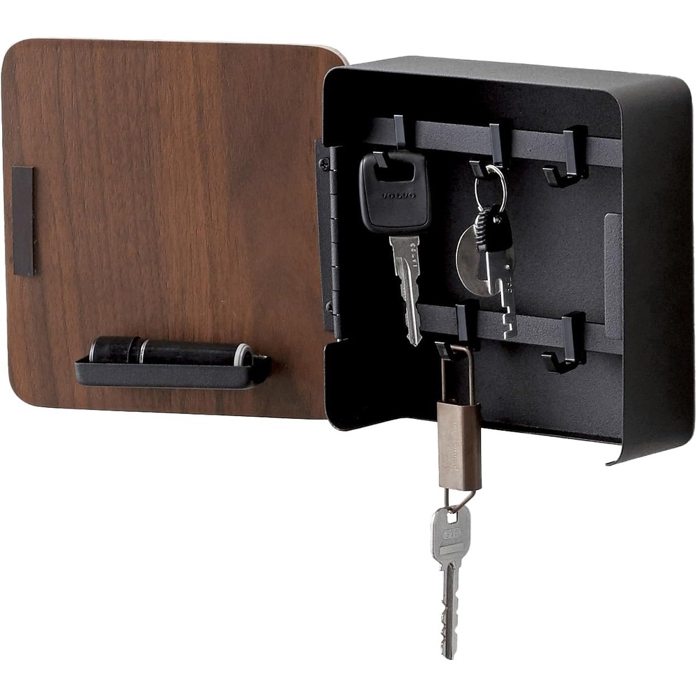 image:imageYAMAZAKI Home Rin Square Magnetic Key Cabinet Wood Accented Keychain Organizer Steel WoodWalnut