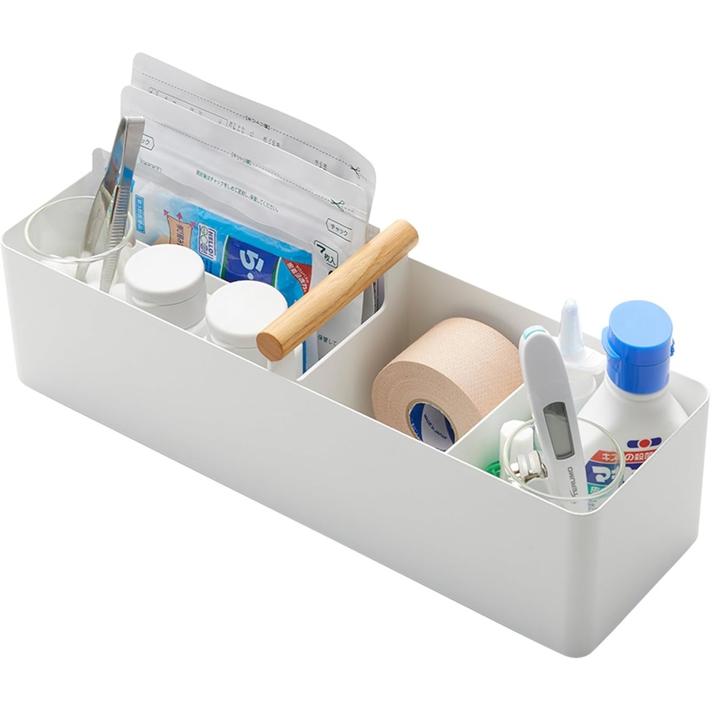image:imageYAMAZAKI Home Tosca Slim Storage Box With Natural Wood Handle Magnetic Dividers For Makeup Or Medications Steel WoodWhite