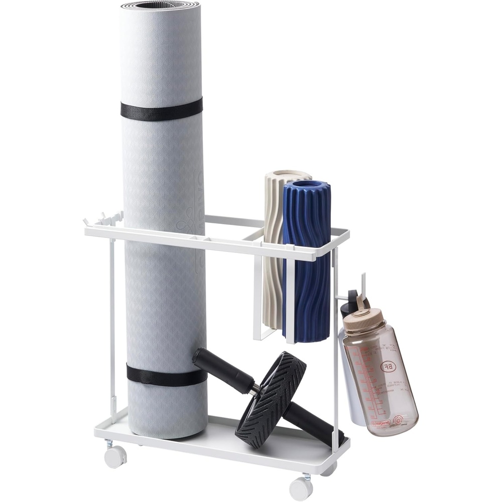 image:imageYAMAZAKI Home Tower Rolling Slim Fitness Rack with Adjustable Holder Casters Hooks for Gear Organization SteelWhite