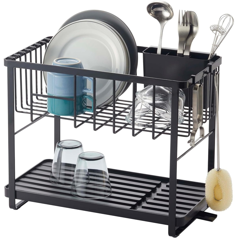 image:imageYAMAZAKI Home Tower TwoTier Adjustable Dish Drainer Rack Compact Drying Rack with Hooks Utensils Holder Steel Black