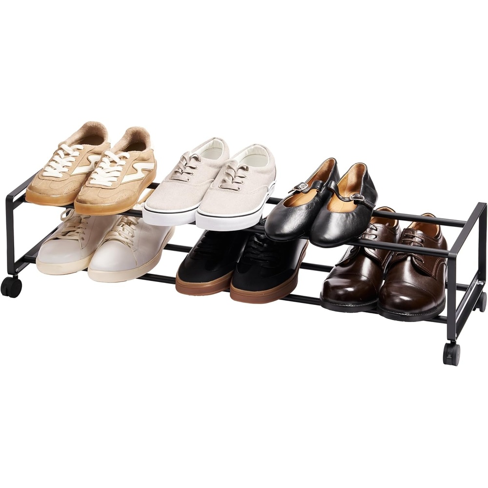 image:imageYAMAZAKI Home TwoTier Rolling Shoe Rack LowProfile Metal Shoe Organizer On Wheels for Small Spaces Under Bed Or Closet Storage Holds Up to 8 Pairs Modern Minimal Design 8 Steel Black