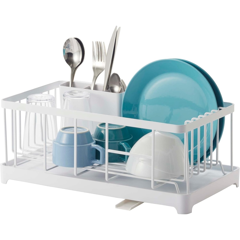 image:imageYAMAZAKI Home Wire Dish Drainer Rack with Removable Drainer Tray with Drainage Spout Utensils Holder Steel Draining Spout Water Resistant No Assembly ReqWhite