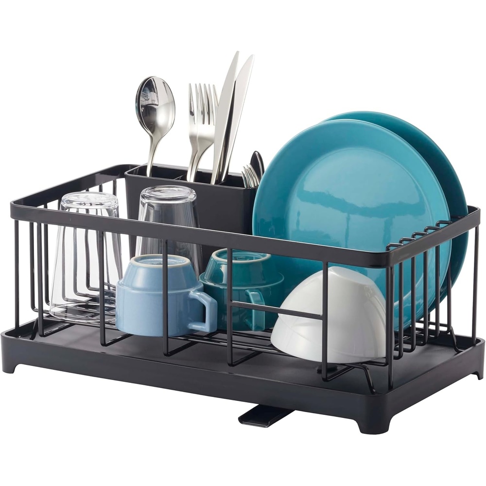 image:imageYAMAZAKI Home Wire Dish Drainer Rack with Removable Drainer Tray with Drainage Spout Utensils Holder Steel Draining Spout Water Resistant No Assembly ReqBlack