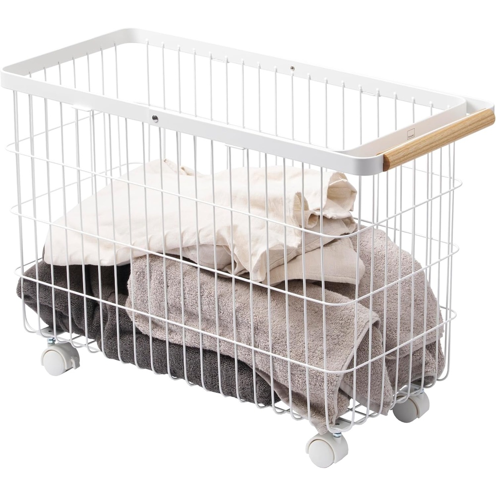 image:imageYamazaki Home Tosca Compact Rolling Laundry Basket Cart Metal Hamper With Wheels And Handle For Easy Mobility SpaceSaving Storage Solution 15 Steel Wood 92 Gallons 35LWhite