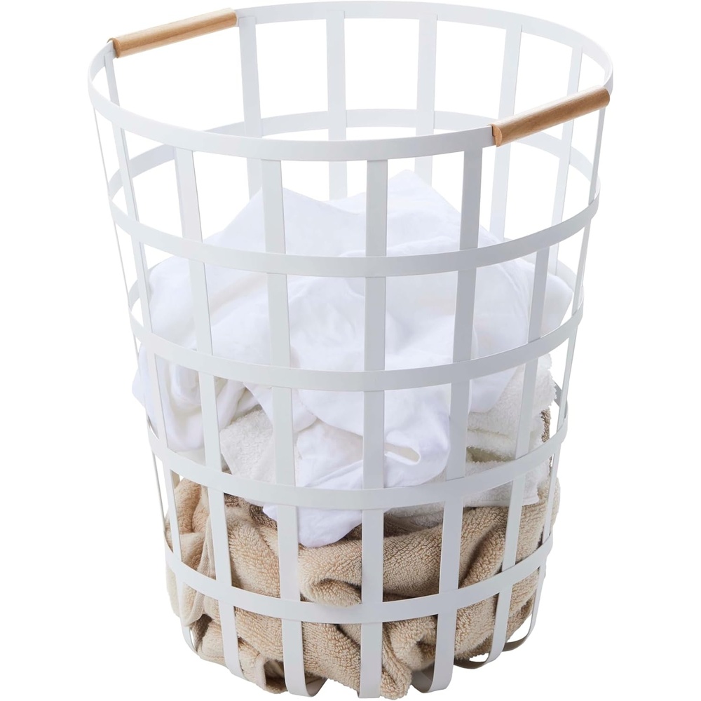 image:imageYamazaki Home Tosca Round Laundry Basket Saving 18 Steel Wood 105 Gallon 40 LitersWhite