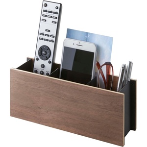 YAMAZAKI Home Rin Desk Organizer – Tv Remote Control And Pen Holder – Small – Steel + Wood(Walnut)
