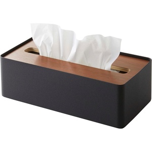 YAMAZAKI Home Rin Rectangular Tissue Box Holder – Metal Dispenser and Tissue Organizer with Wooden Lid – Short – Steel + Wood