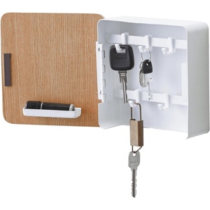YAMAZAKI Home Rin Square Magnetic Key Cabinet – Wood Accented Keychain Organizer – Steel + Wood(Ash)