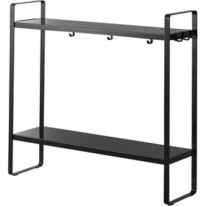 YAMAZAKI Home Tower Compact 2-Shelf Kitchen Storage Rack | Easy-To-Clean Design, Versatile Hooks – Steel(Black)