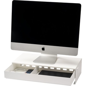 YAMAZAKI Home Tower Monitor Stand With Drawer – Monitor Riser With Storage, Desk Monitor Stand With Cable Management, Gaming Organizer, Steel, Black – Steel(White)
