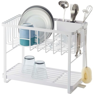 YAMAZAKI Home Tower Two-Tier Adjustable Dish Drainer Rack, Compact Drying Rack with Hooks, Utensils Holder – Steel -(White)