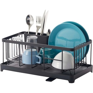YAMAZAKI Home Wire Dish Drainer Rack with Removable Drainer Tray with Drainage Spout, Utensils Holder, Steel, Draining Spout, Water Resistant, No Assembly Req.(Black)