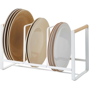 YAMAZAKI Home Wood-Accented Dish Storage Rack – Kitchen Organizer Holder Stand, Steel + Wood, Large, No Assembly Req.(White)