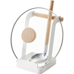 Yamazaki Home Ladle & Lid Rest – Kitchen Utensil Organizer Stand for Cooking Steel + Wood White(White)