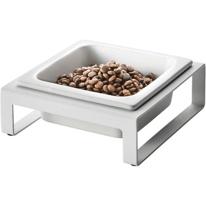 Yamazaki Home Tower Raised Ceramic Pet Food Or Water Bowl with Metal Stand for Cats Or Small Dogs – Short – 1.25(White)