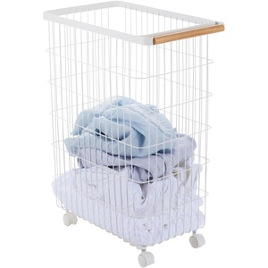 Yamazaki Home Wire Slim Saving Rolling Wheeled Clothing Hamper | Steel + Wood | Laundry Basket, One Size, White(laundry hamper)