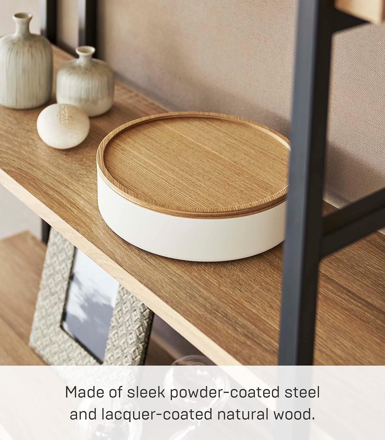 image:imageYAMAZAKI Home Rin Round Storage Case Snacks Toy Or Craft Supplies Holder Sewing Box Organizer Wooden Lid Tray Short Steel WoodAsh
