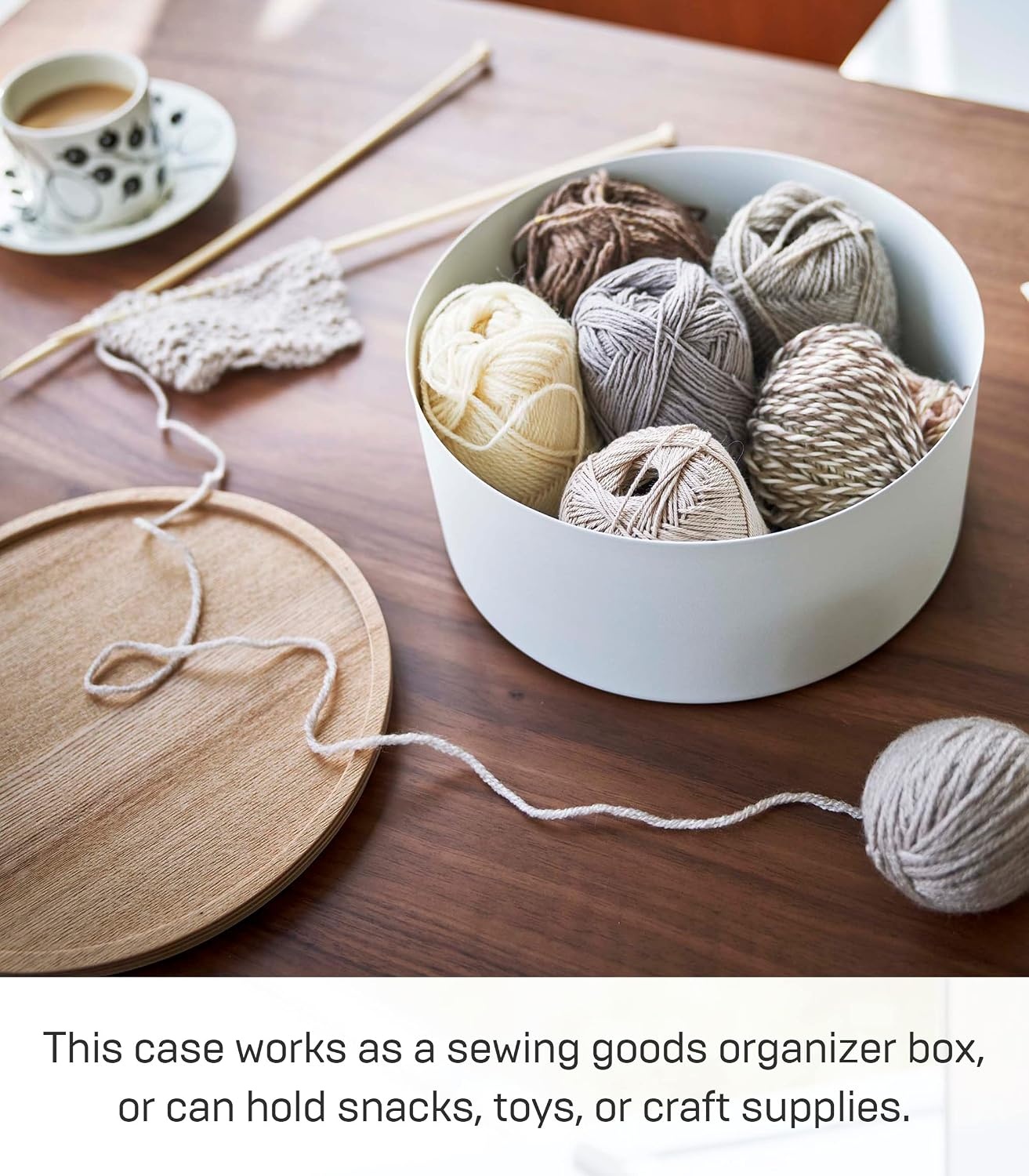 image:imageYAMAZAKI Home Rin Round Storage Case Snacks Toy Or Craft Supplies Holder Sewing Box Organizer Wooden Lid Tray Short Steel WoodAsh