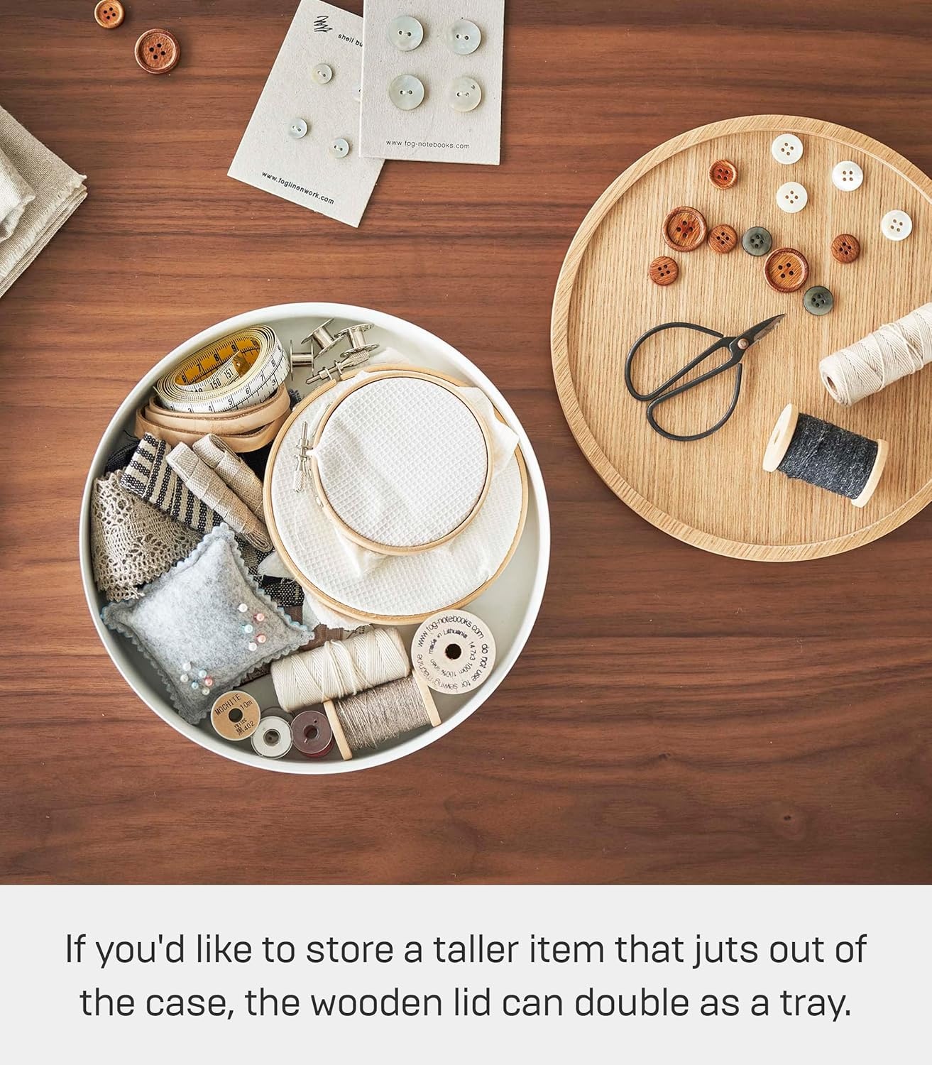 image:imageYAMAZAKI Home Rin Round Storage Case Snacks Toy Or Craft Supplies Holder Sewing Box Organizer Wooden Lid Tray Short Steel WoodAsh