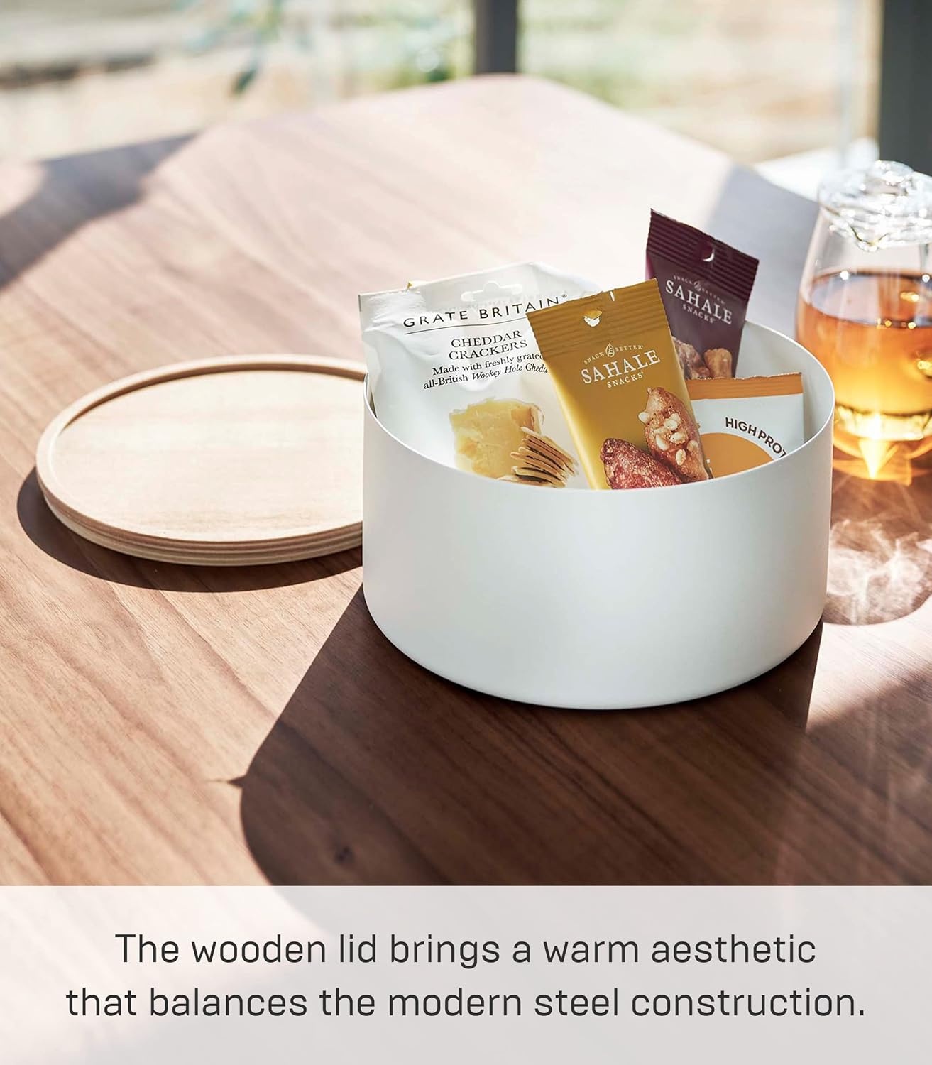 image:imageYAMAZAKI Home Rin Round Storage Case Snacks Toy Or Craft Supplies Holder Sewing Box Organizer Wooden Lid Tray Short Steel WoodAsh