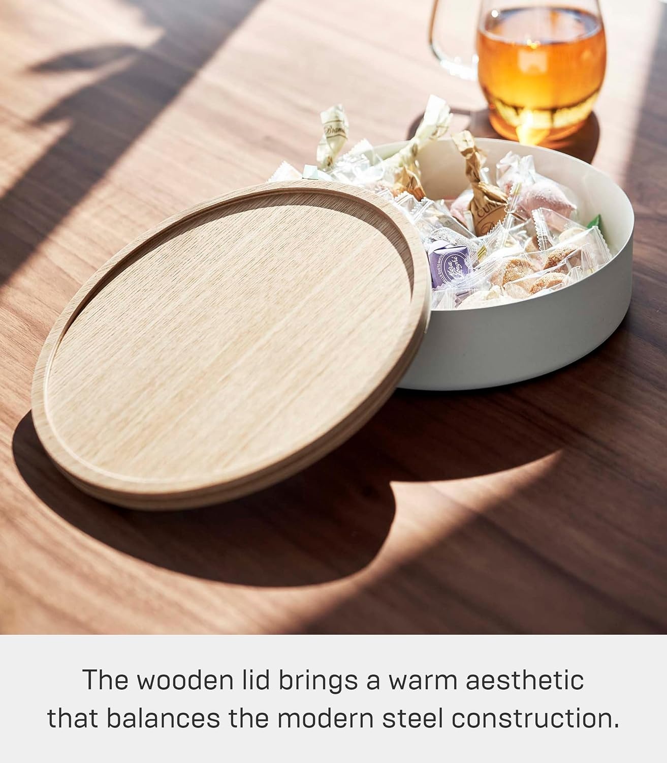 image:imageYAMAZAKI Home Rin Round Storage Case Snacks Toy Or Craft Supplies Holder Sewing Box Organizer Wooden Lid Tray Short Steel WoodAsh