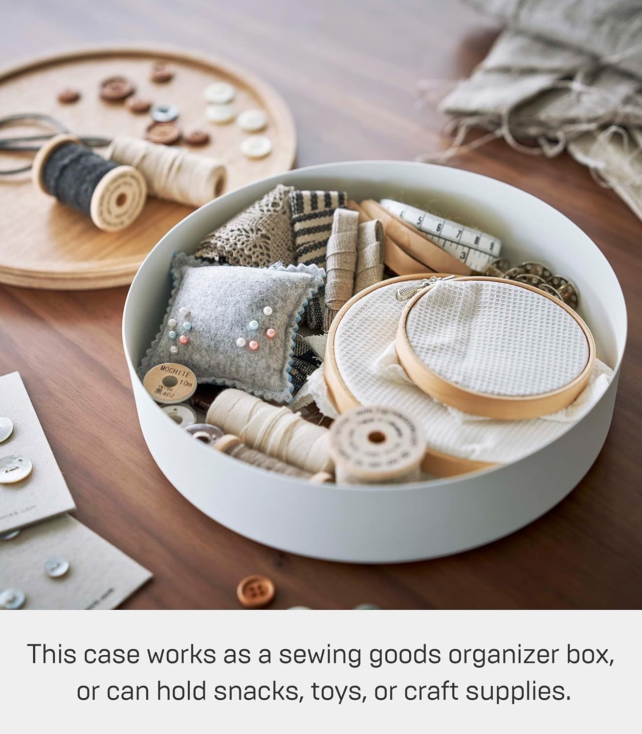image:imageYAMAZAKI Home Rin Round Storage Case Snacks Toy Or Craft Supplies Holder Sewing Box Organizer Wooden Lid Tray Short Steel WoodAsh
