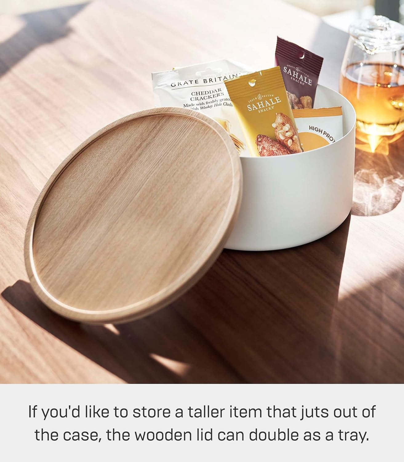 image:imageYAMAZAKI Home Rin Round Storage Case Snacks Toy Or Craft Supplies Holder Sewing Box Organizer Wooden Lid Tray Short Steel WoodAsh