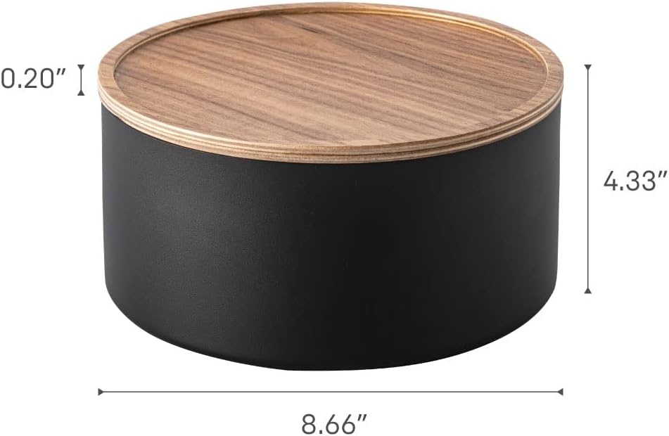 image:imageYAMAZAKI Home Rin Round Storage Case Snacks Toy Or Craft Supplies Holder Sewing Box Organizer Wooden Lid Tray Short Steel WoodWalnut
